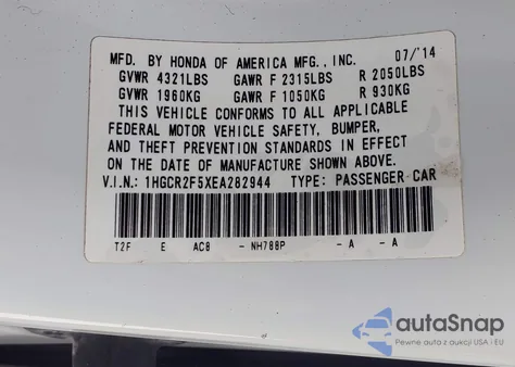 2014 Honda Accord Sport from USA, damaged, VIN 1HGCR2F5XEA282944
